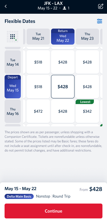 Flight booking calendar showing grid of prices