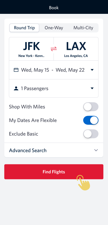 Flight booking app interface with options to select dates and toggle features.