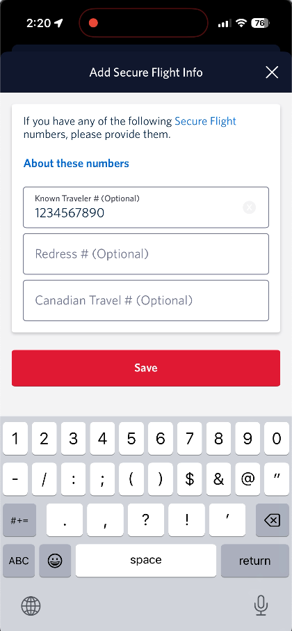 mobile screen showing the process of updating a known traveler number