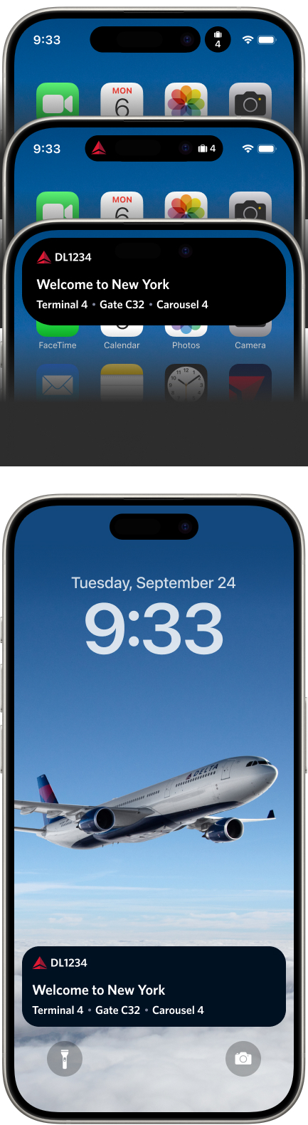 Smartphone screens with app icons and live activities notifications