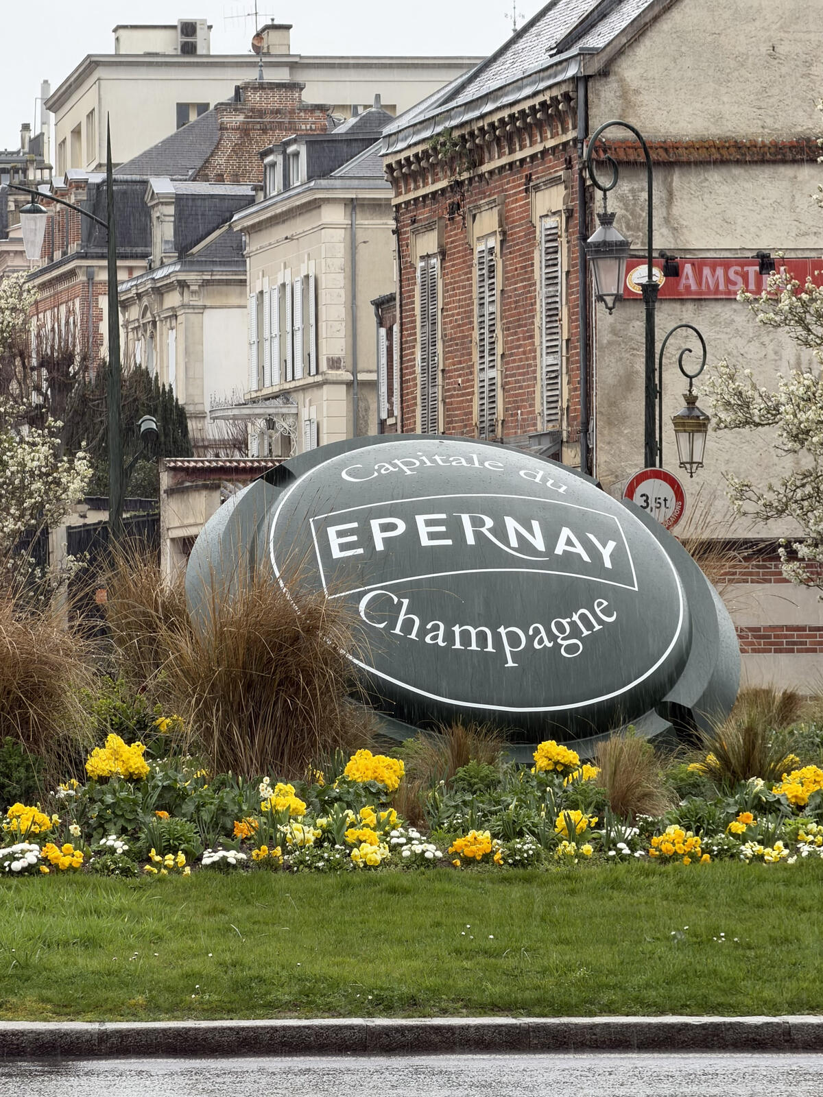 A large, green, shield-shaped monument with the white text "Capitale du Champagne, EPERNAY" sits in the middle of a floral roundabout, surrounded by yellow flowers and classic French buildings under a cloudy sky.