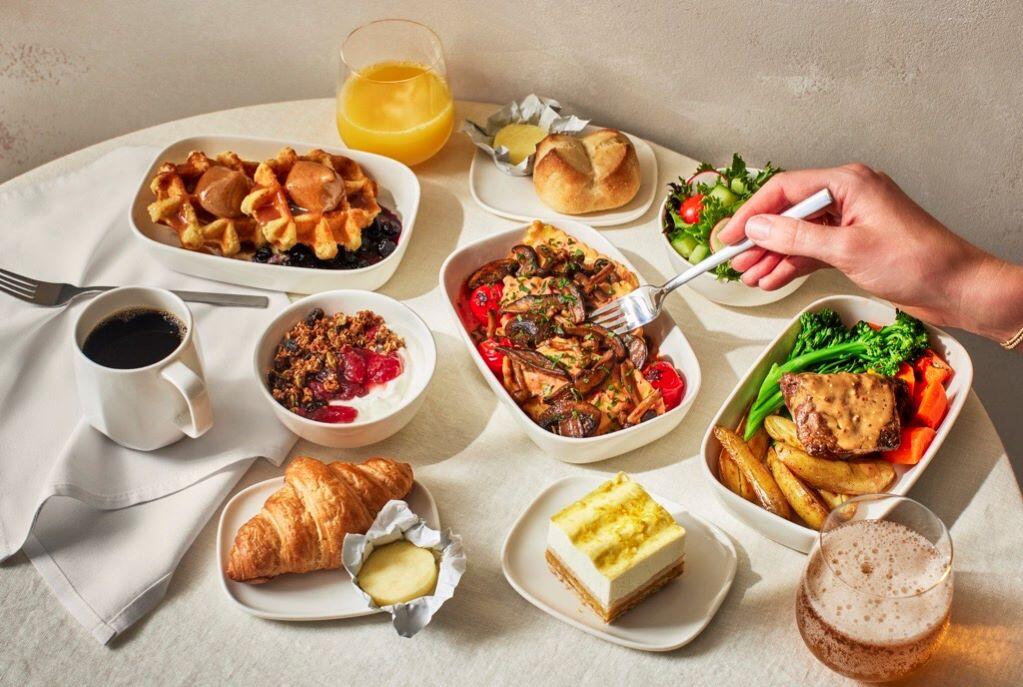 A spread of food featured on Delta flights for Delta One and Premium Select customers