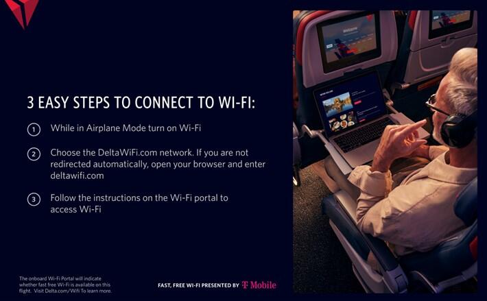 Graphic showing “3 Easy Steps to Connect to Wi‑Fi” alongside a photo of a passenger using a laptop and headphones in an airplane seat, with seatback screens visible.