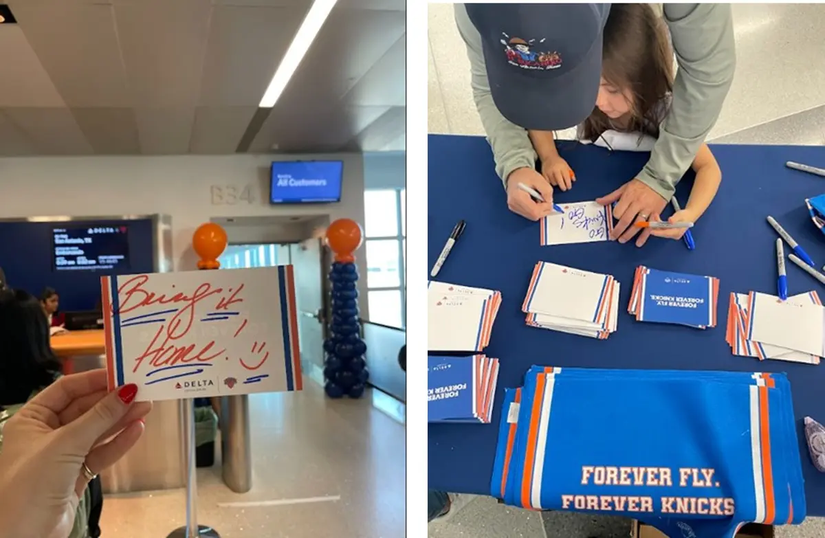 Split image: left shows a hand holding a “Bring It Home” Delta/Knicks postcard at an airport gate with orange and blue decorations; right shows people writing messages on similar postcards at a table with stacks of cards and blue towels reading “Forever Fly, Forever Knicks.” 