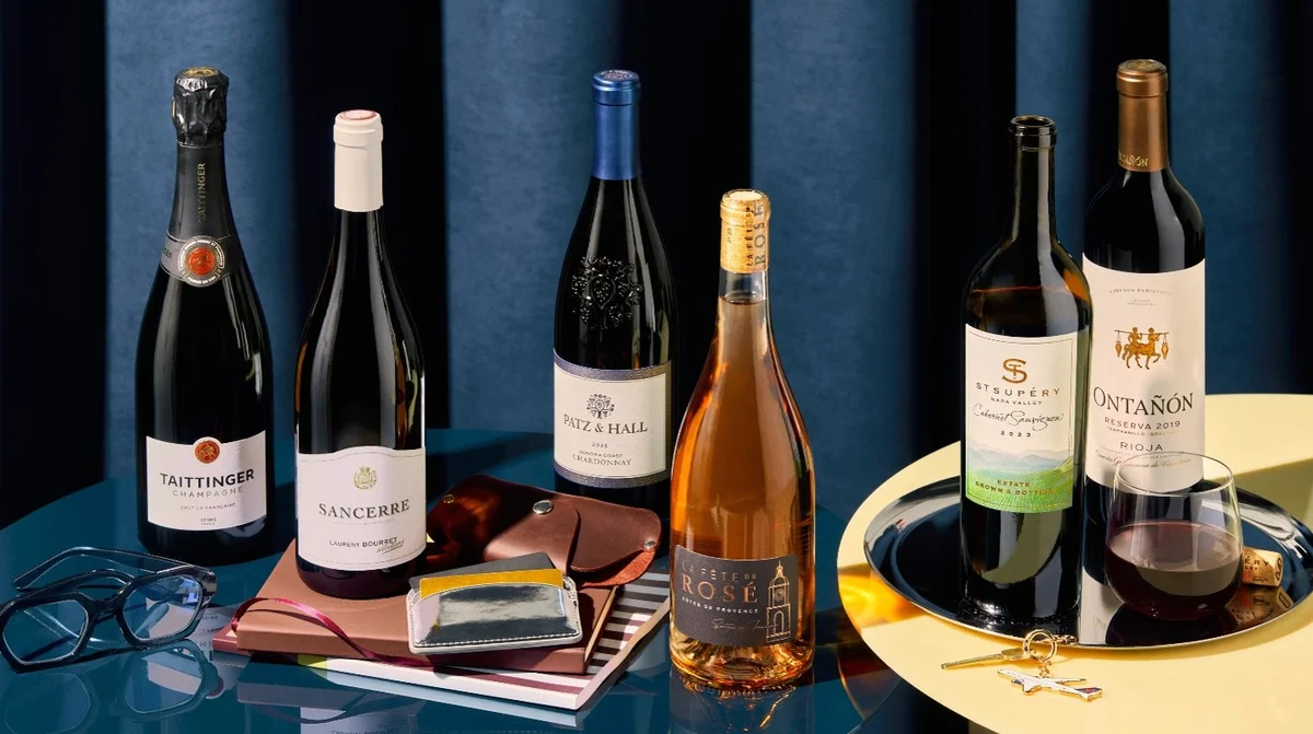 Five wine bottles displayed with everyday accessories and a glass of red wine on a tabletop against a blue curtain backdrop.