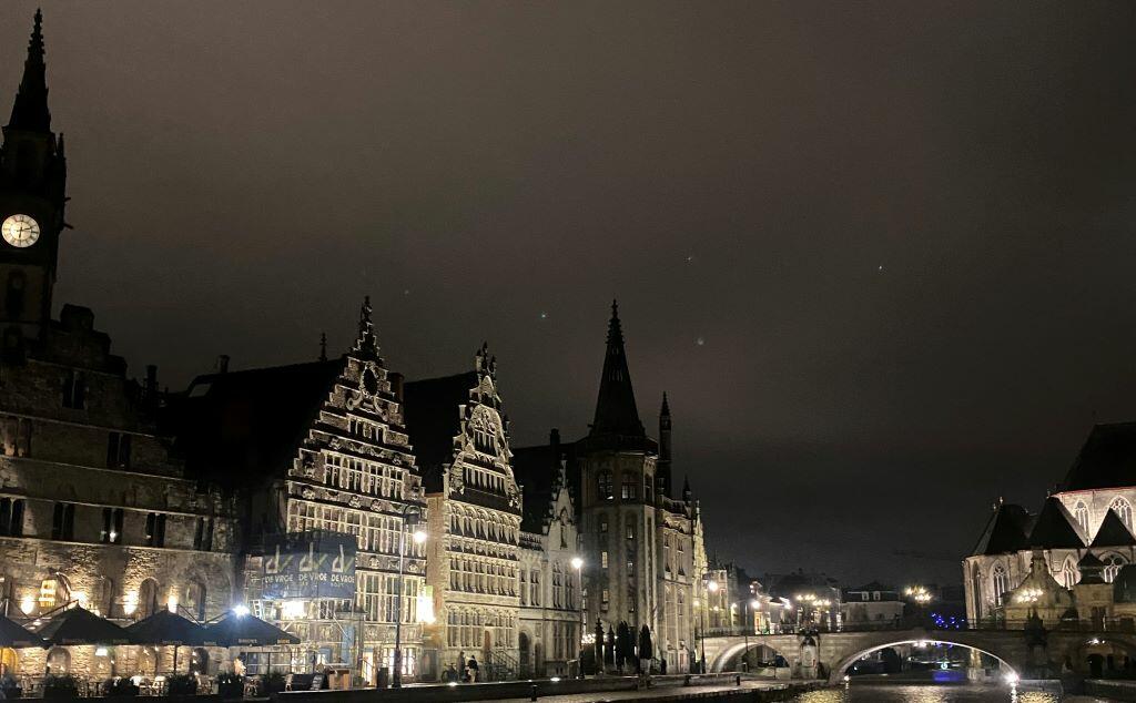 A nighttime view of the town of Ghent near Brussels