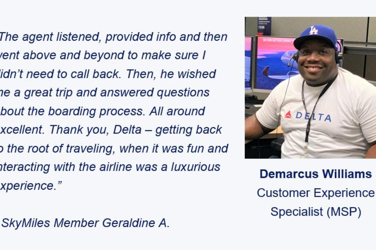 A customer's testimonial regarding the help of a Delta Customer Experience Specialist
