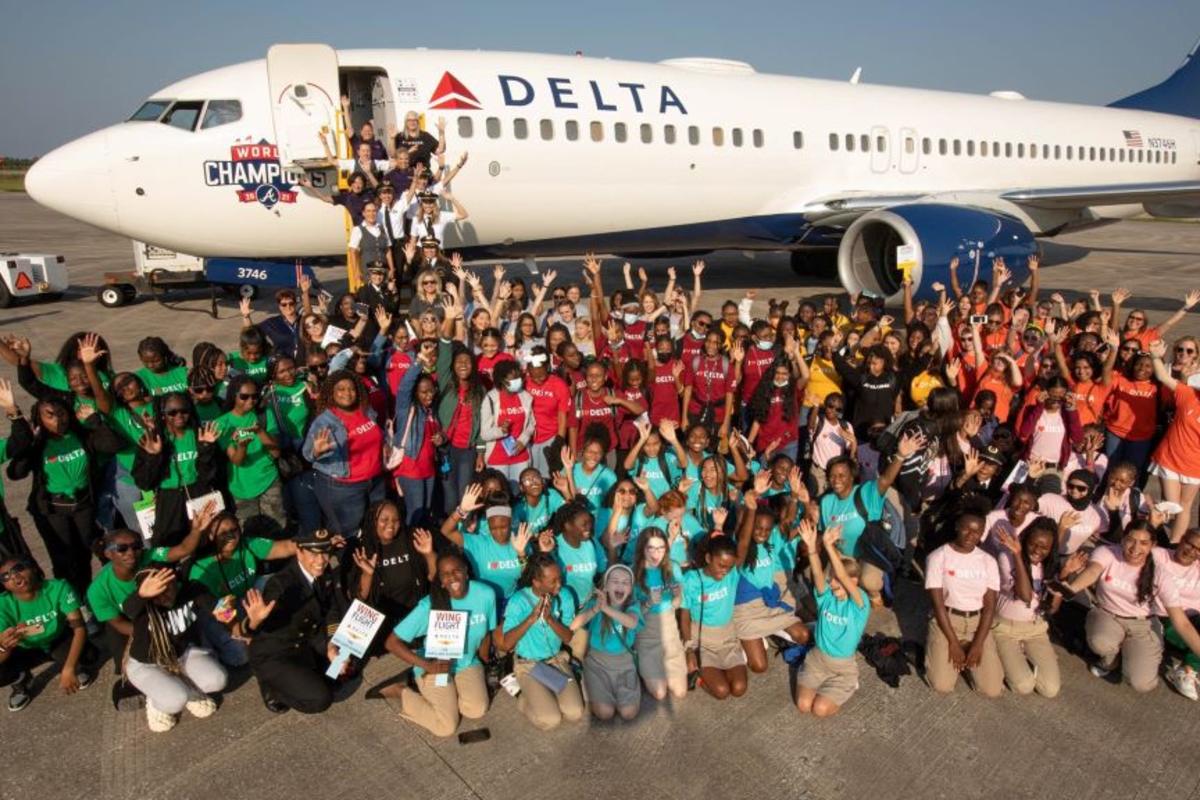 In honor of International Girls in Aviation Day, 130 girls ages 12-18 took flight on a Delta aircraft piloted, staffed and crewed entirely by women as they learned about careers in aviation and aerospace. 