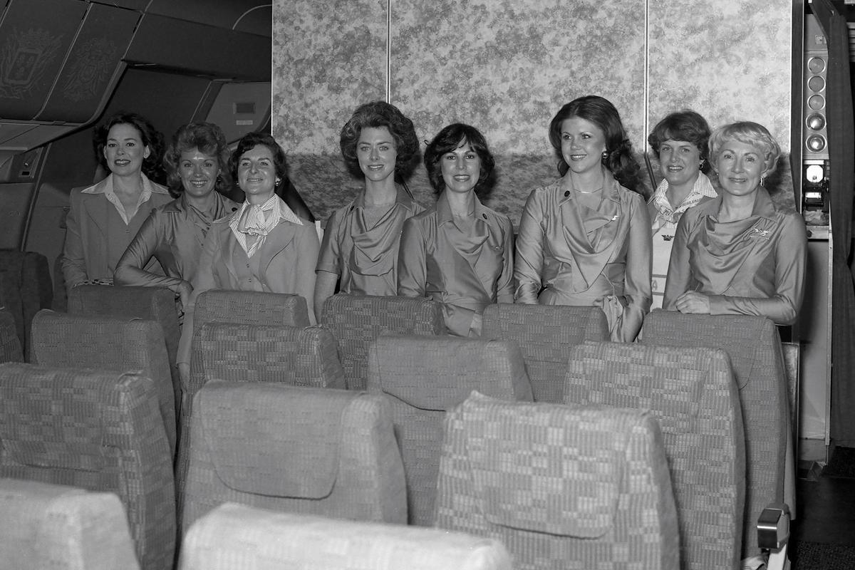 The flight attendants on Delta's inaugural flight to London Gatwick Airport from Atlanta on April 30, 1978.