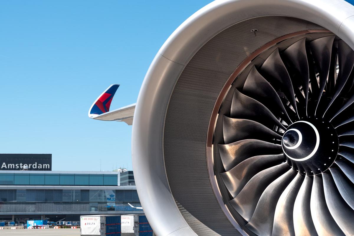 The engine of a Delta Airbus A350 is seen at Amsterdam Airport Schiphol (AMS).
