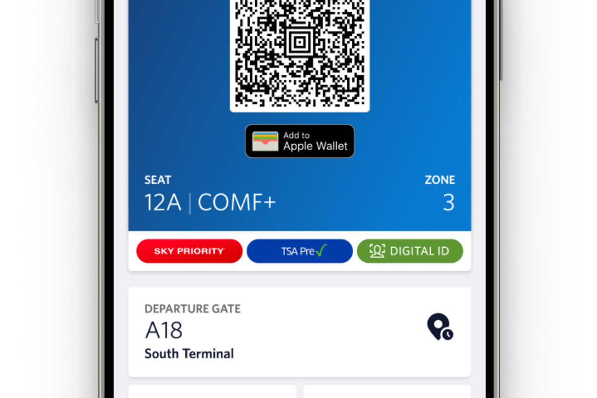 A boarding pass shown in the Fly Delta app
