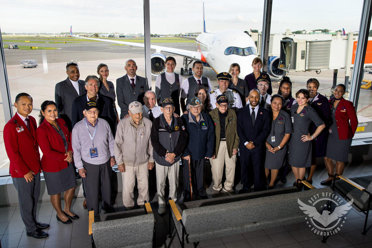 A group photo of the six U.S. veterans and Delta flew to the Netherlands to honor the sacrifices made by their comrades and to reflect on the impact of their efforts on liberating Europe, along with Delta employees who were involved.