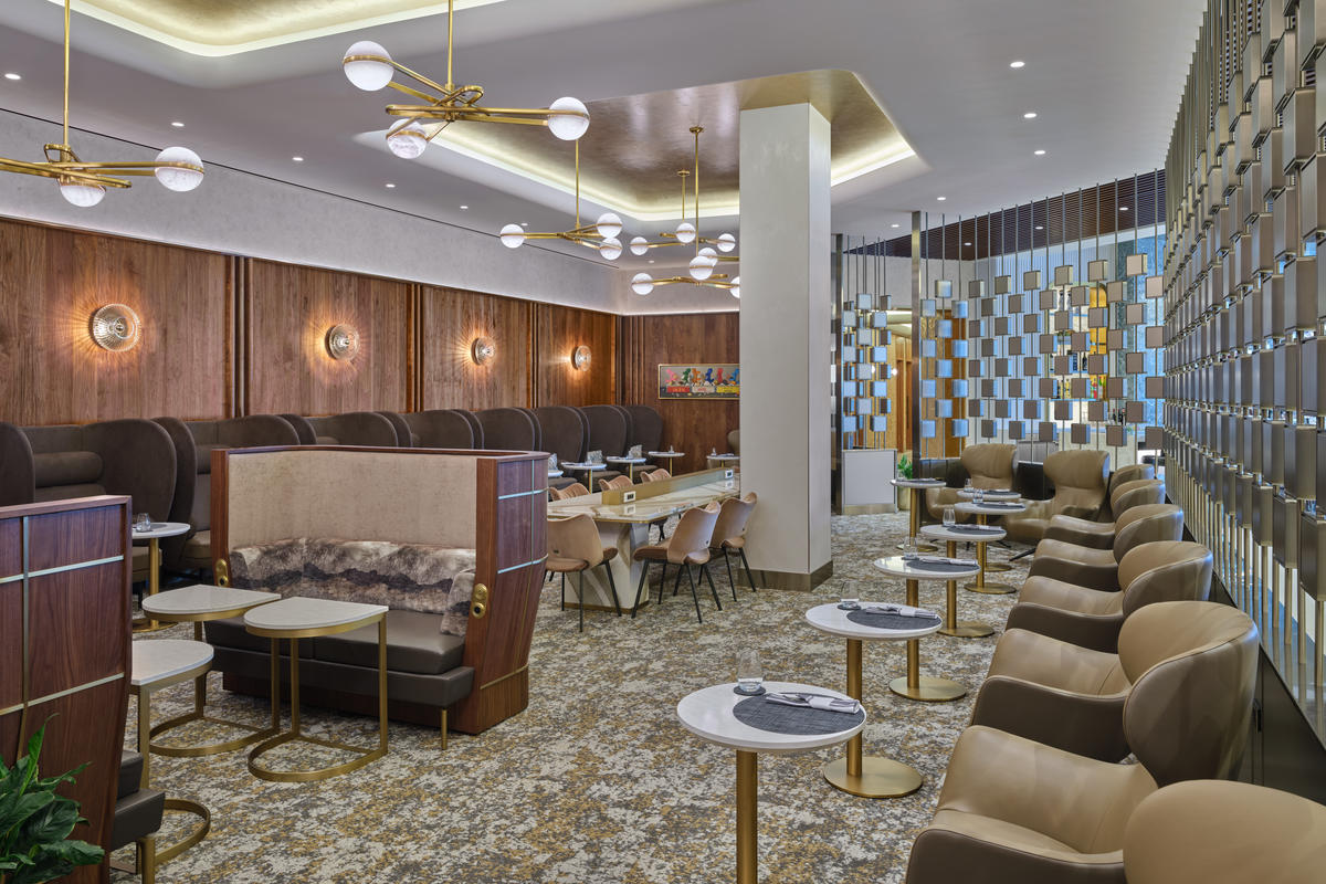 The living room seating area at the Delta One Lounge at LAX