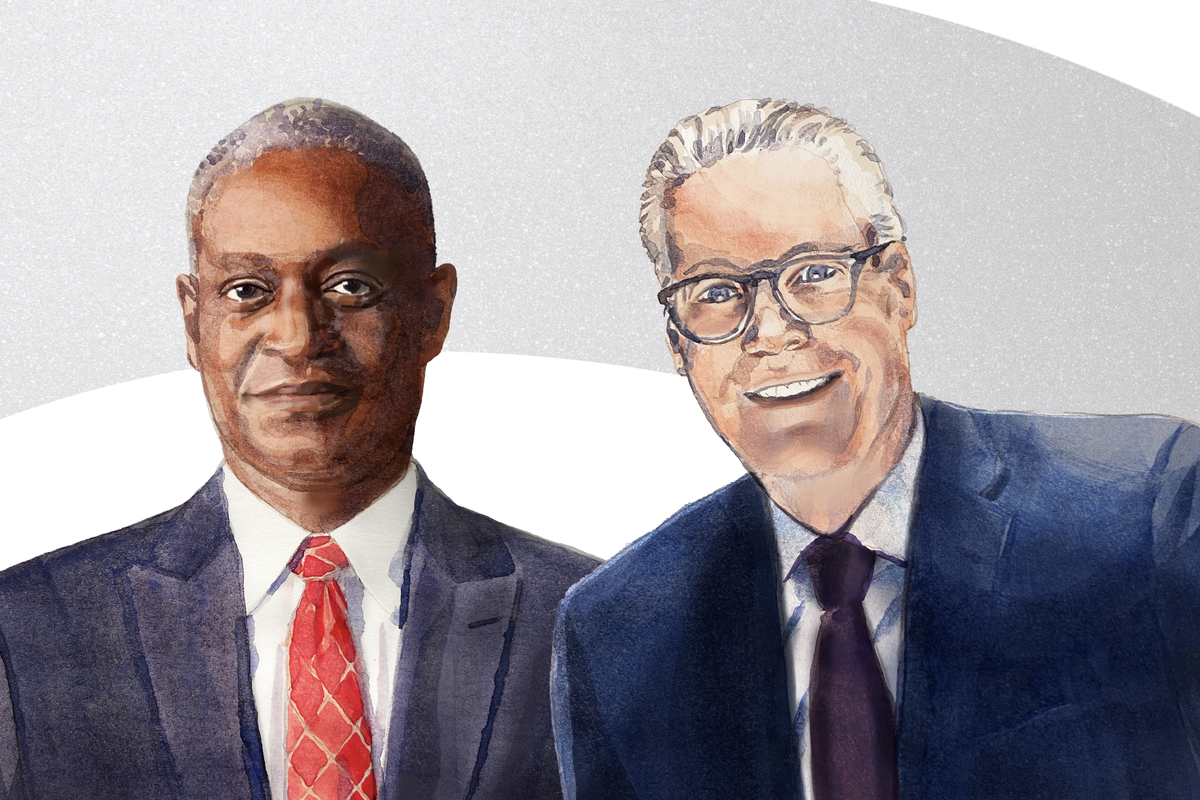 A drawing of Delta CEO Ed Bastian and CEO of the Federal Reserve Bank of Atlanta Raphael Bostic