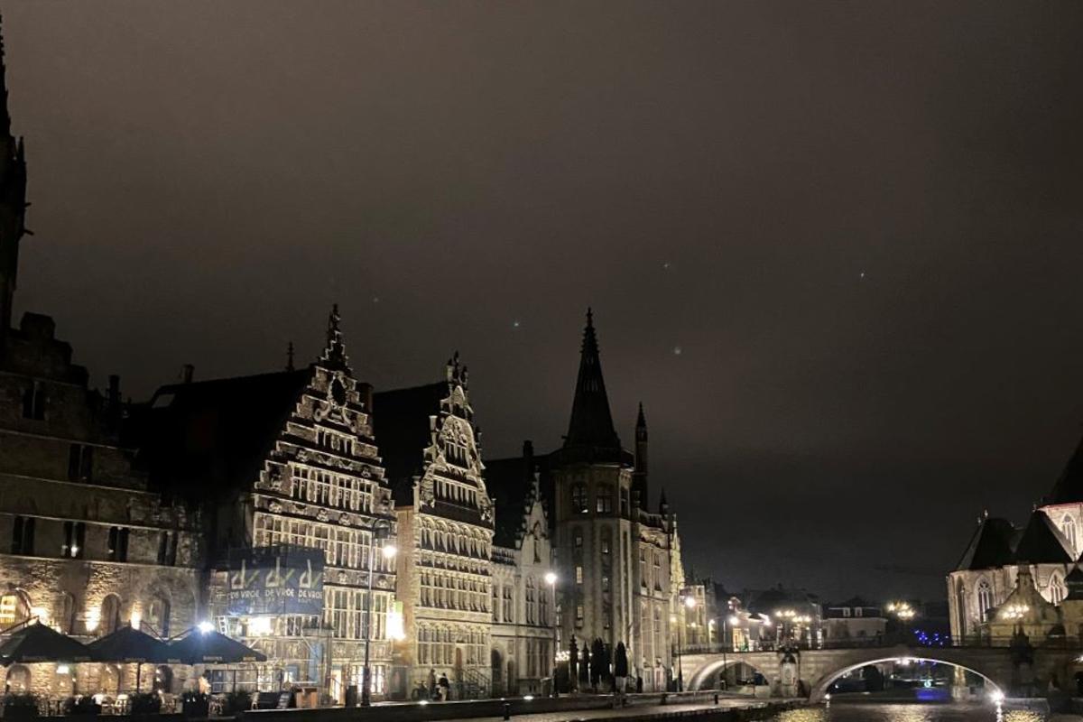 A nighttime view of the town of Ghent near Brussels