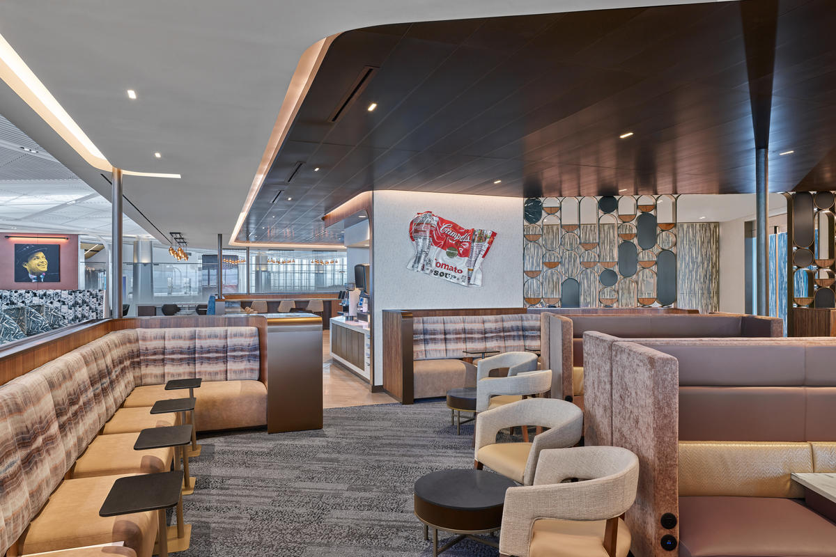 Various seating for the over 200 guests that can fit inside of the new 7,000-plus-square-foot Sky Club at Newark's Terminal A.
