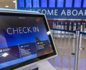 Close up shot of a check-in kiosk at the airport.