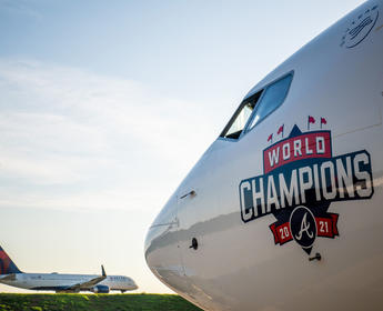 Delta's "World Champions" plane honoring the Atlanta Braves.