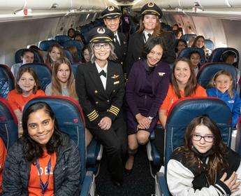 In honor of International Girls in Aviation Day, 130 girls ages 12-18 took flight on a Delta aircraft piloted, staffed and crewed entirely by women as they learned about careers in aviation and aerospace. 