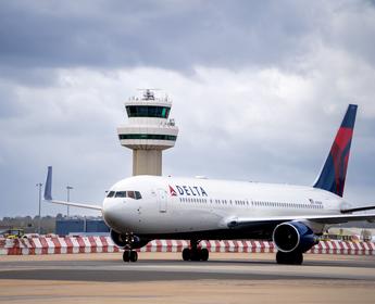 A Delta Air Lines Boeing 767 taxis at London's Gatwick Airport (LGW).