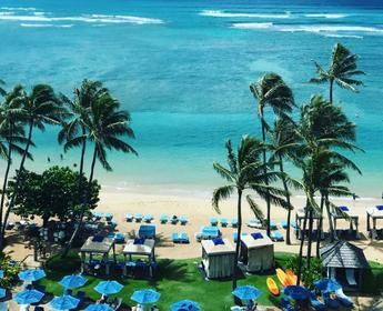 An overhead shot of a beach in Honolulu, Hawaii with umbrellas and palm trees