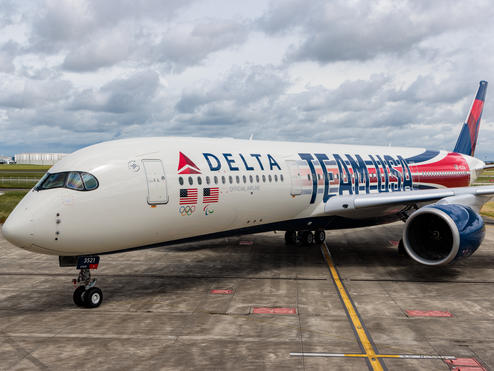 On May 2 Delta unveiled its custom Airbus A350 Team USA aircraft livery in Toulouse, France honoring the airline’s commitment to celebrate these athlete’s journey and connect them with their dreams as the official airline of Team USA. 