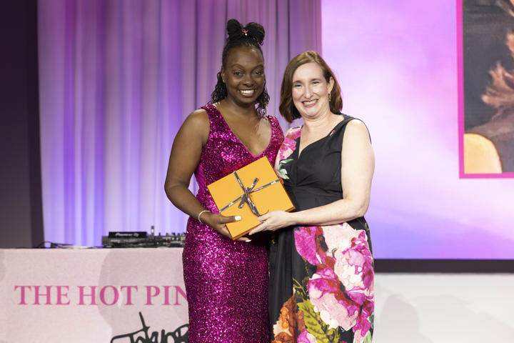 Kristen Manion Taylor, Senior Vice President of In-Flight Service at Delta, honored Delta flight attendant and "survival sister" Marenda Hughes Taylor with the Roslyn and Leslie Goldstein Unsung Hero Award at this year's Breast Cancer Research Foundation Hot Pink Party in New York.